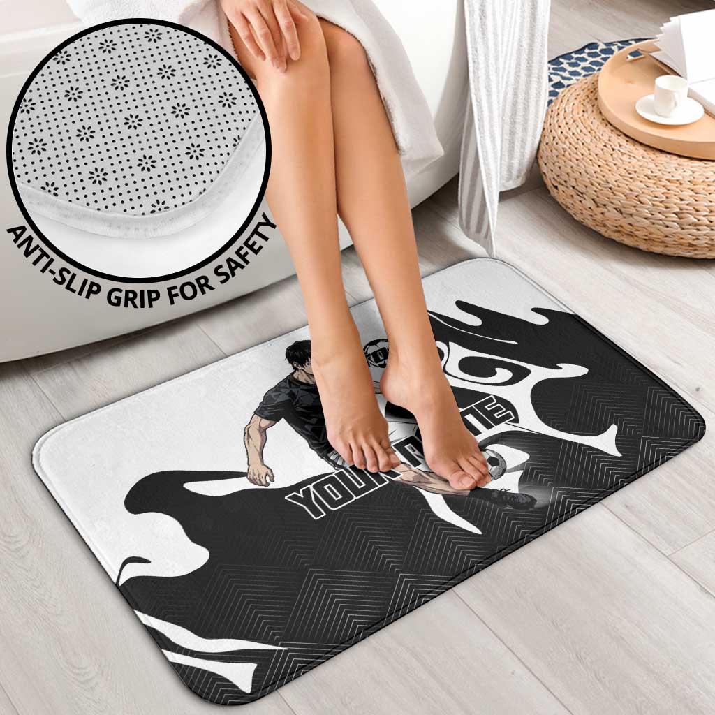 Personalized Toji Fushiguro Jujutsu Kaisen Soccer Theme Bathroom Set with Dribbling Pose and Monochrome Black White Flame Graphic Design - The Mazicc