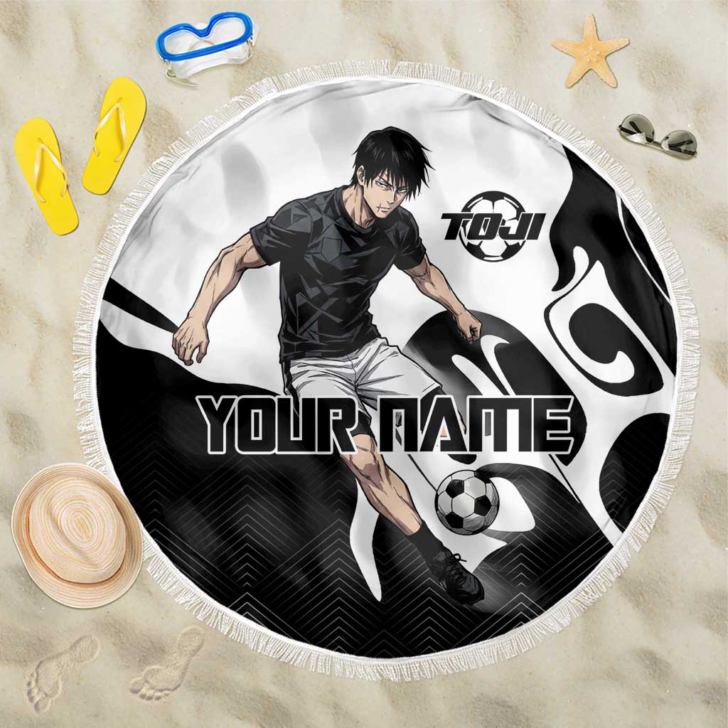 Personalized Toji Fushiguro Jujutsu Kaisen Soccer Theme Beach Blanket with Dribbling Pose and Monochrome Black White Flame Graphic Design - The Mazicc