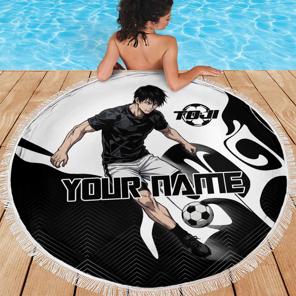 Personalized Toji Fushiguro Jujutsu Kaisen Soccer Theme Beach Blanket with Dribbling Pose and Monochrome Black White Flame Graphic Design - The Mazicc
