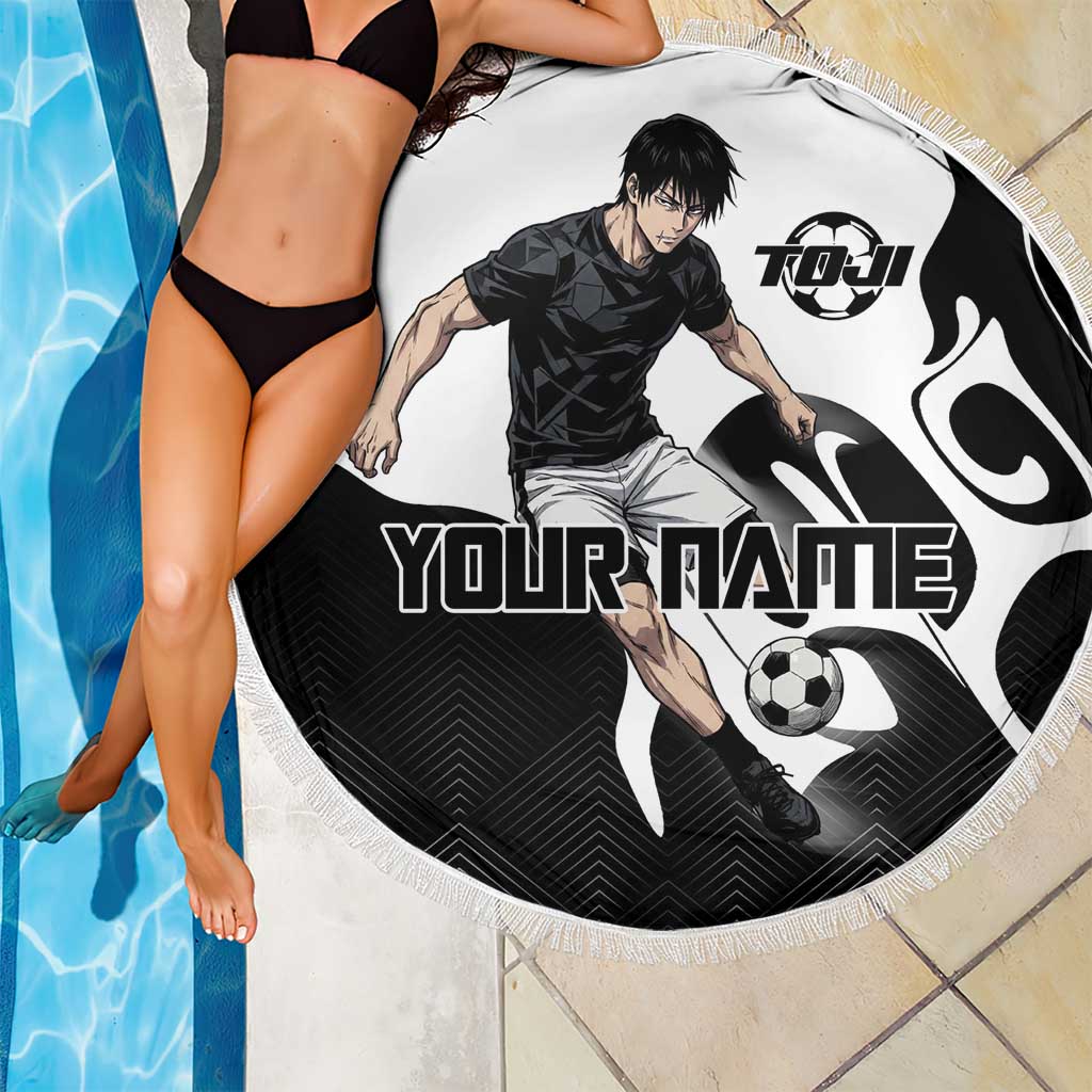 Personalized Toji Fushiguro Jujutsu Kaisen Soccer Theme Beach Blanket with Dribbling Pose and Monochrome Black White Flame Graphic Design - The Mazicc