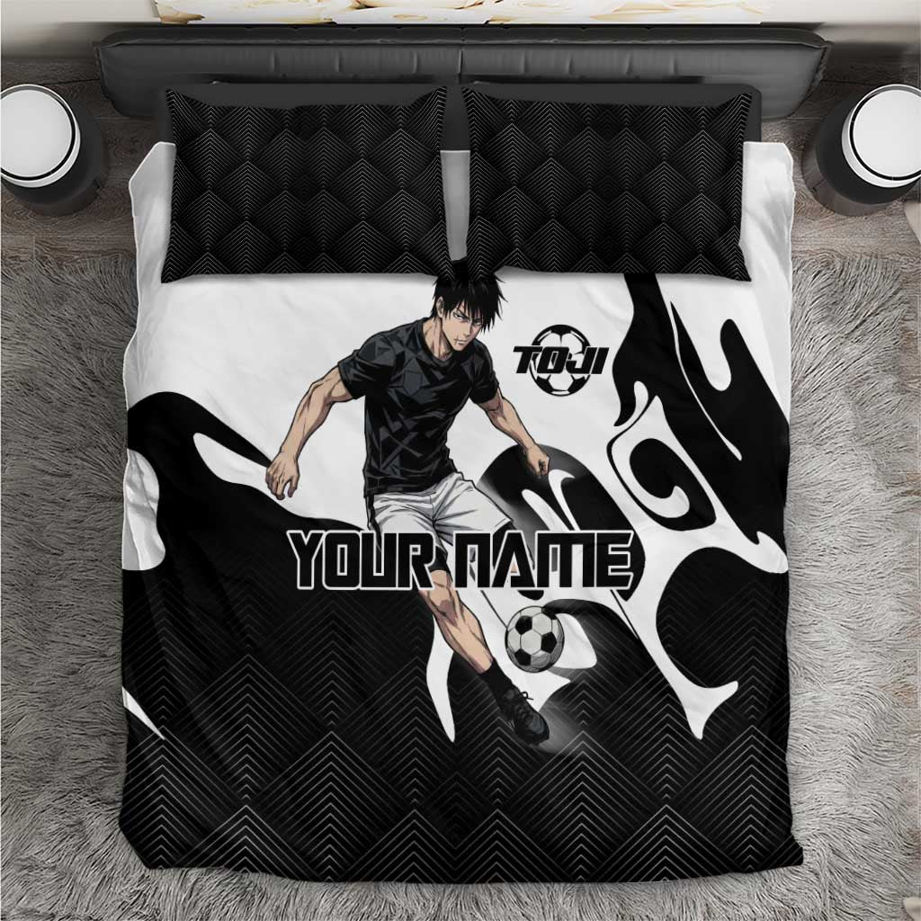 Personalized Toji Fushiguro Jujutsu Kaisen Soccer Theme Bedding Set with Dribbling Pose and Monochrome Black White Flame Graphic Design - The Mazicc