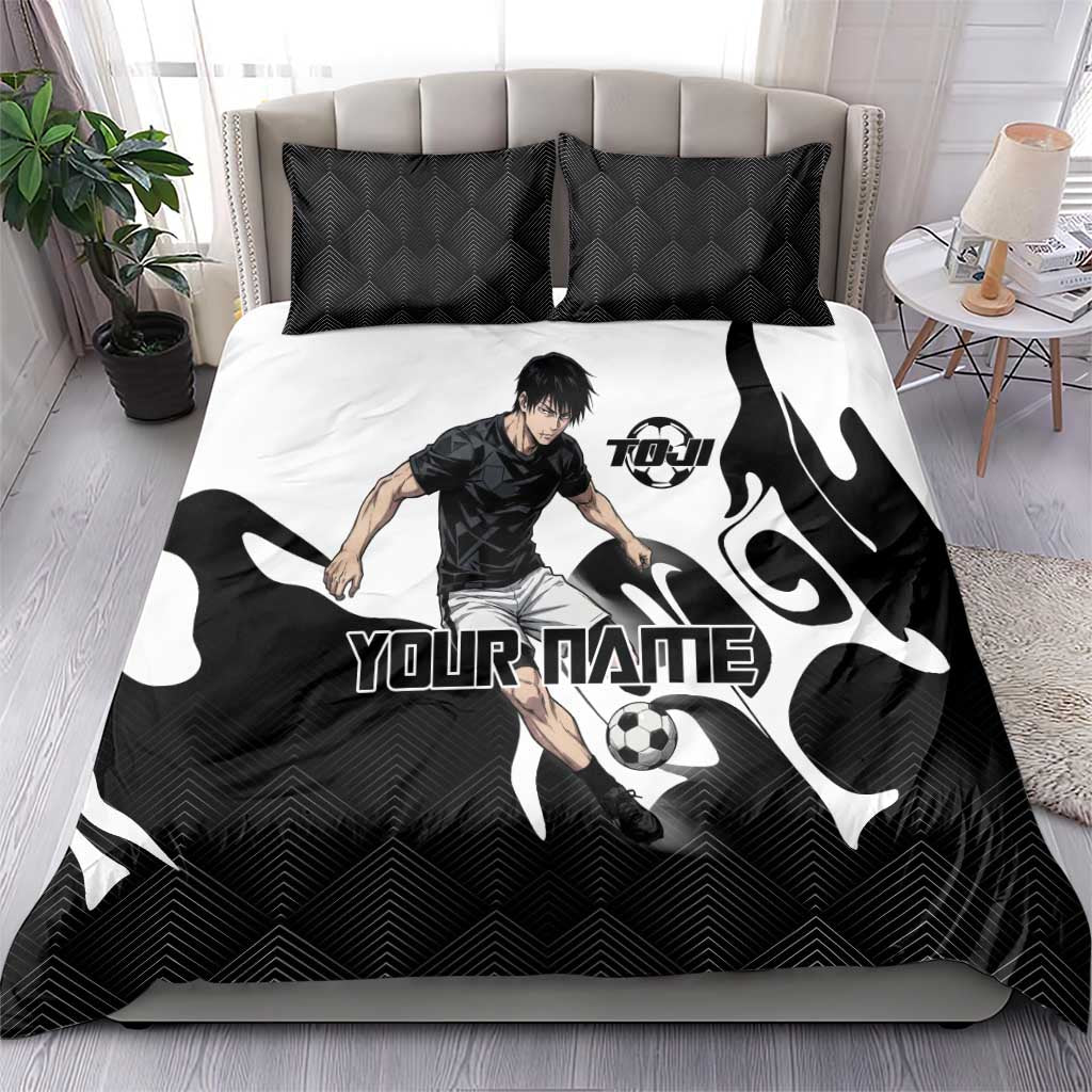 Personalized Toji Fushiguro Jujutsu Kaisen Soccer Theme Bedding Set with Dribbling Pose and Monochrome Black White Flame Graphic Design - The Mazicc