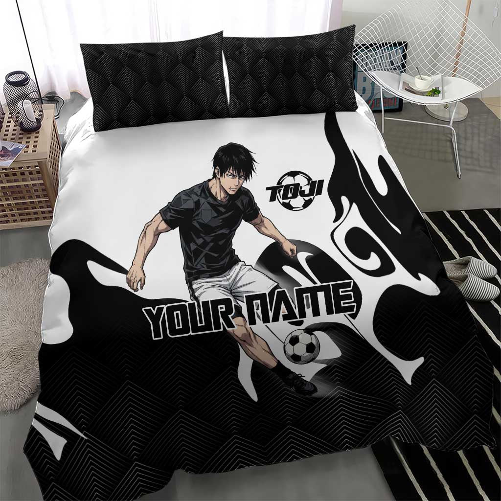 Personalized Toji Fushiguro Jujutsu Kaisen Soccer Theme Bedding Set with Dribbling Pose and Monochrome Black White Flame Graphic Design - The Mazicc