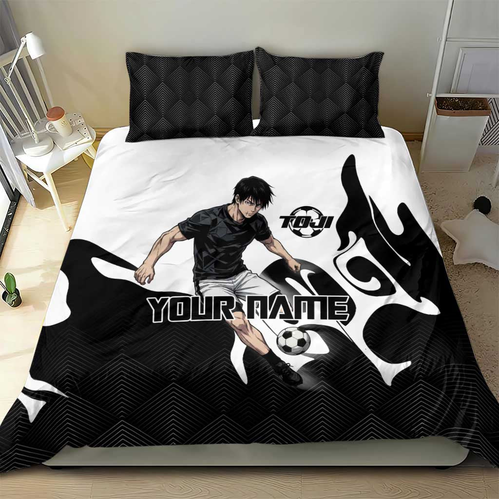 Personalized Toji Fushiguro Jujutsu Kaisen Soccer Theme Bedding Set with Dribbling Pose and Monochrome Black White Flame Graphic Design - The Mazicc