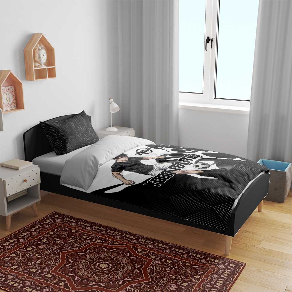 Personalized Toji Fushiguro Jujutsu Kaisen Soccer Theme Bedding Set with Dribbling Pose and Monochrome Black White Flame Graphic Design - The Mazicc
