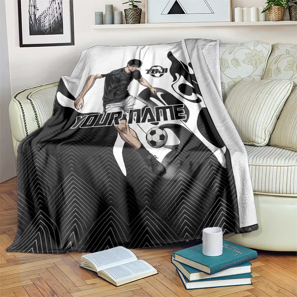 Personalized Toji Fushiguro Jujutsu Kaisen Soccer Theme Blanket with Dribbling Pose and Monochrome Black White Flame Graphic Design - The Mazicc