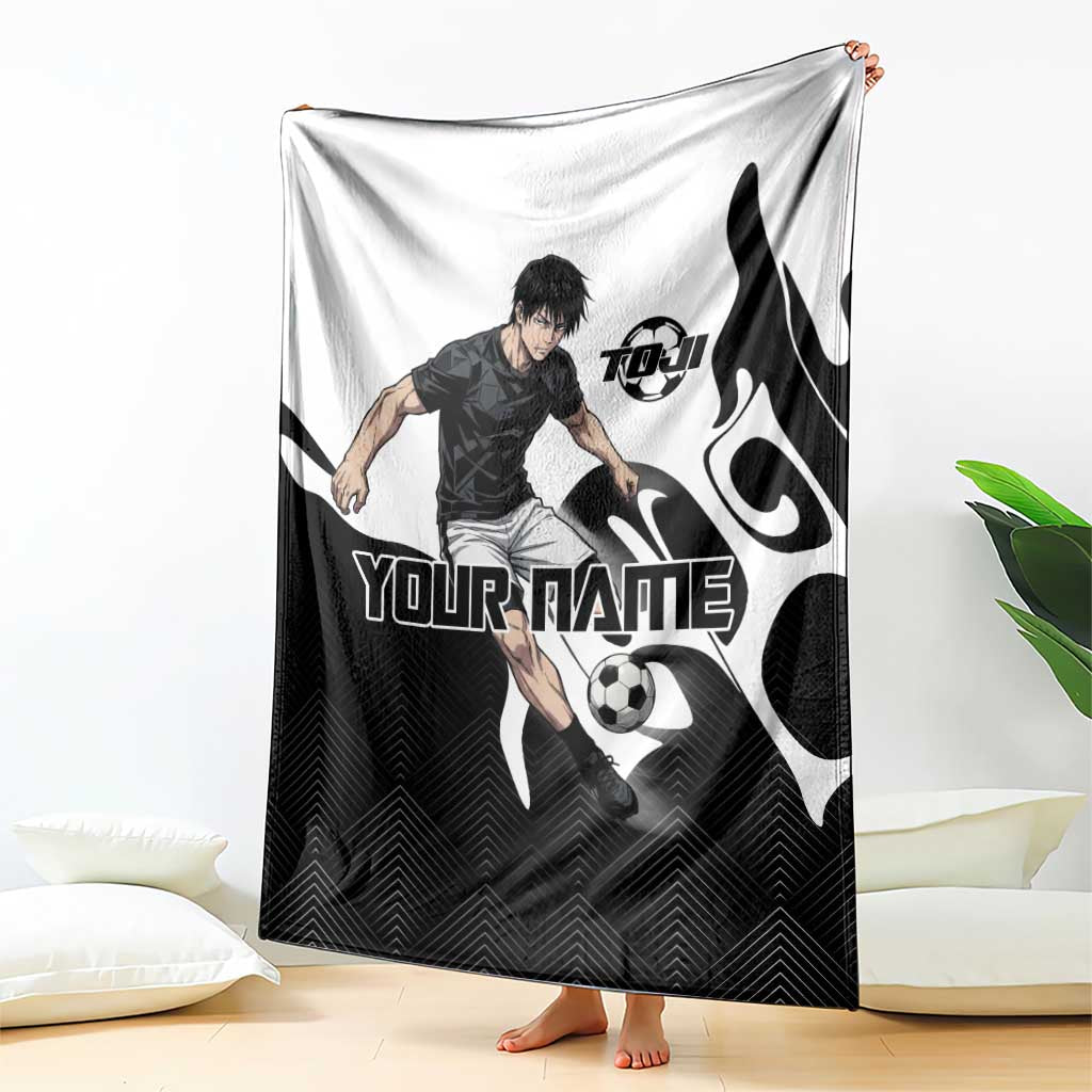 Personalized Toji Fushiguro Jujutsu Kaisen Soccer Theme Blanket with Dribbling Pose and Monochrome Black White Flame Graphic Design - The Mazicc