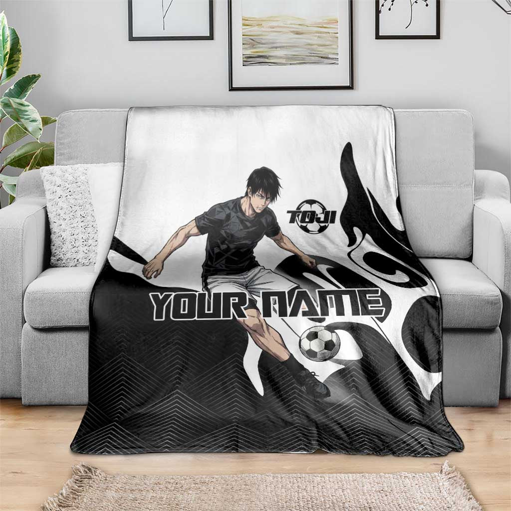 Personalized Toji Fushiguro Jujutsu Kaisen Soccer Theme Blanket with Dribbling Pose and Monochrome Black White Flame Graphic Design - The Mazicc