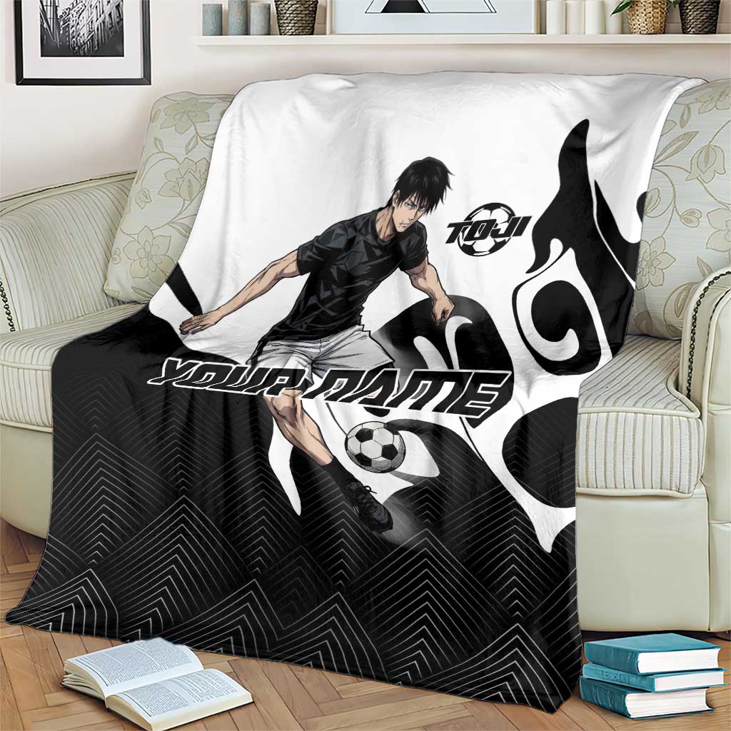 Personalized Toji Fushiguro Jujutsu Kaisen Soccer Theme Blanket with Dribbling Pose and Monochrome Black White Flame Graphic Design - The Mazicc