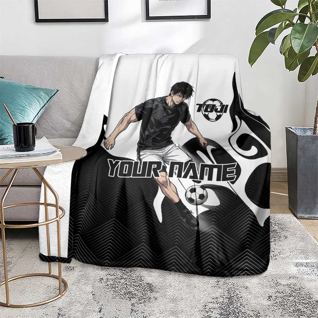 Personalized Toji Fushiguro Jujutsu Kaisen Soccer Theme Blanket with Dribbling Pose and Monochrome Black White Flame Graphic Design - The Mazicc