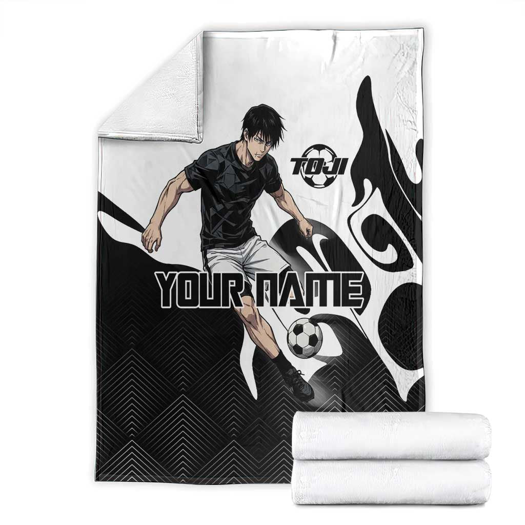 Personalized Toji Fushiguro Jujutsu Kaisen Soccer Theme Blanket with Dribbling Pose and Monochrome Black White Flame Graphic Design - The Mazicc