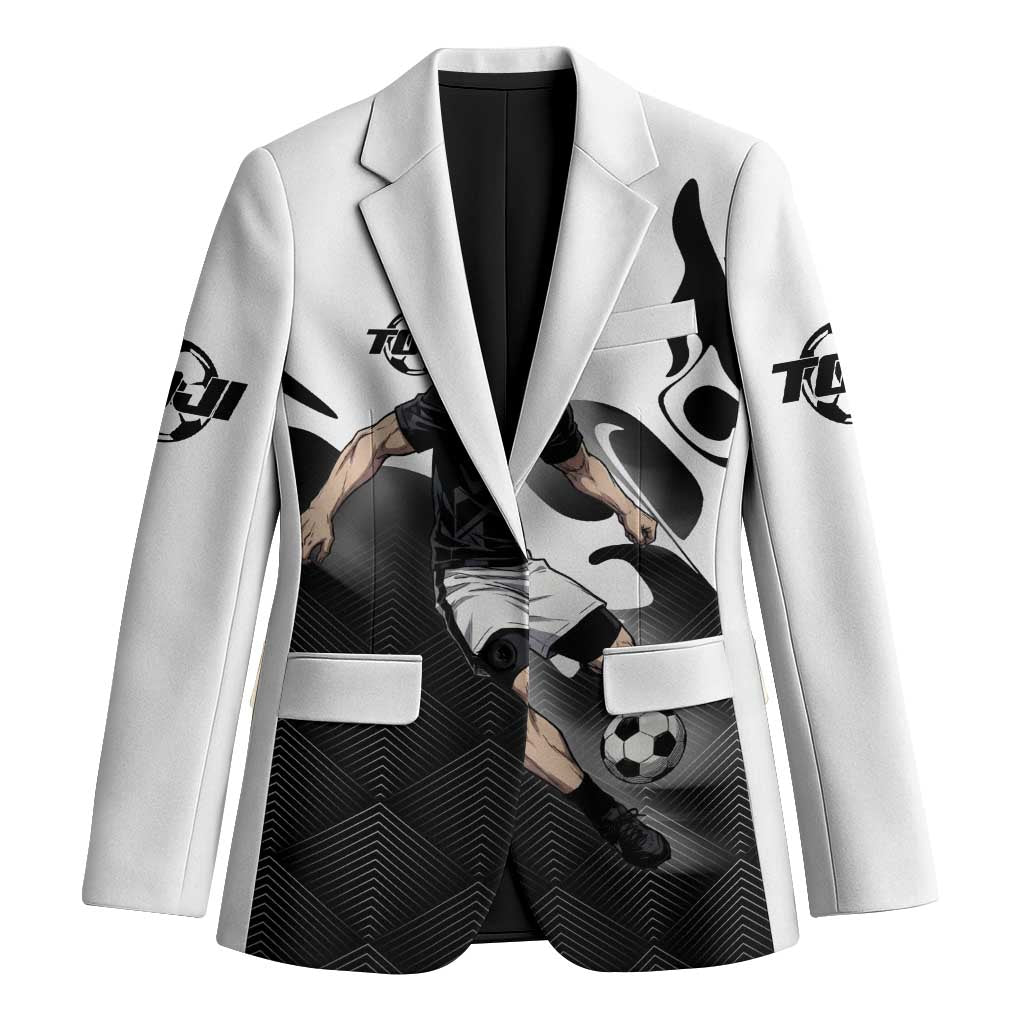 Personalized Toji Fushiguro Jujutsu Kaisen Soccer Theme Blazer with Dribbling Pose and Monochrome Black White Flame Graphic Design - The Mazicc