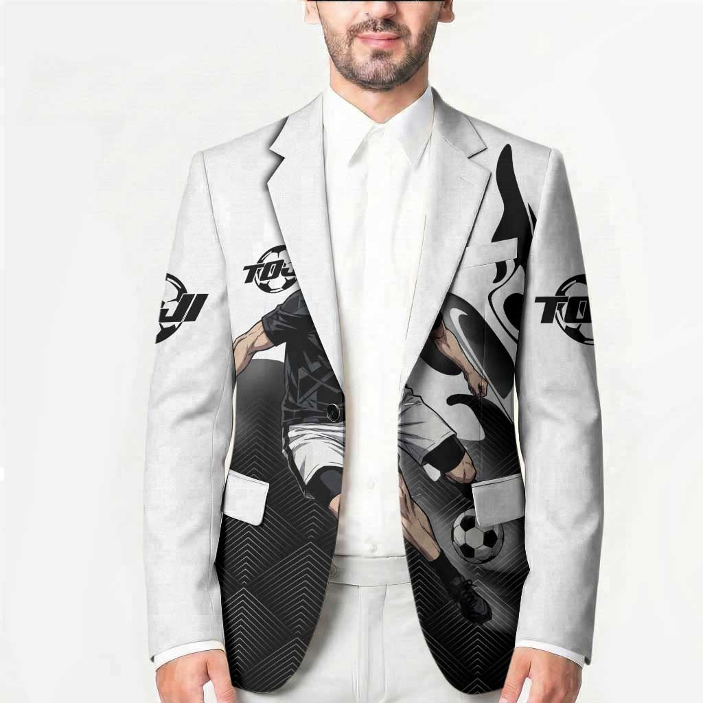 Personalized Toji Fushiguro Jujutsu Kaisen Soccer Theme Blazer with Dribbling Pose and Monochrome Black White Flame Graphic Design - The Mazicc