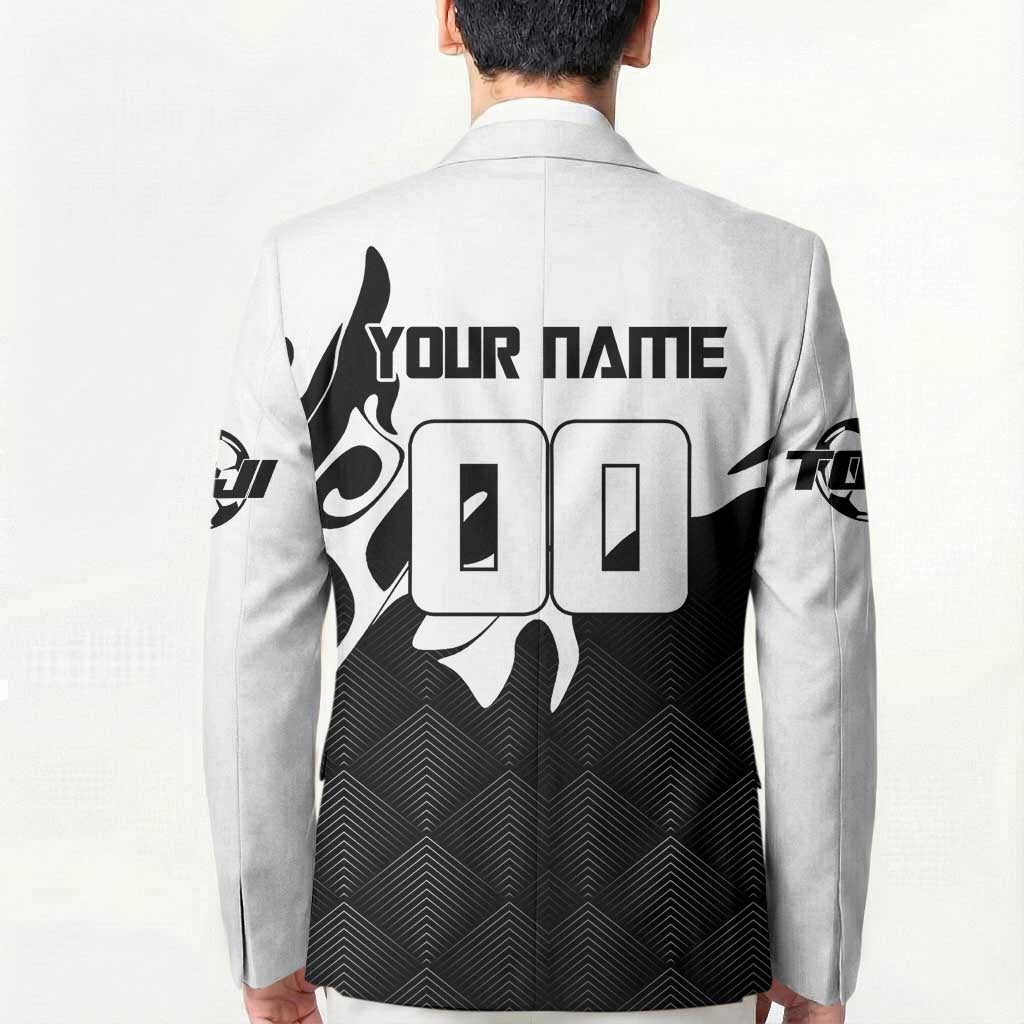 Personalized Toji Fushiguro Jujutsu Kaisen Soccer Theme Blazer with Dribbling Pose and Monochrome Black White Flame Graphic Design - The Mazicc