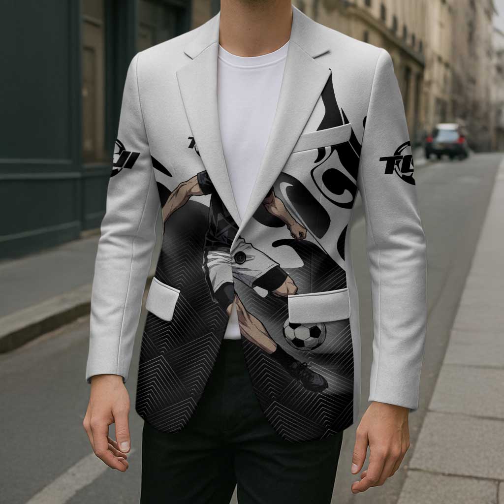 Personalized Toji Fushiguro Jujutsu Kaisen Soccer Theme Blazer with Dribbling Pose and Monochrome Black White Flame Graphic Design - The Mazicc