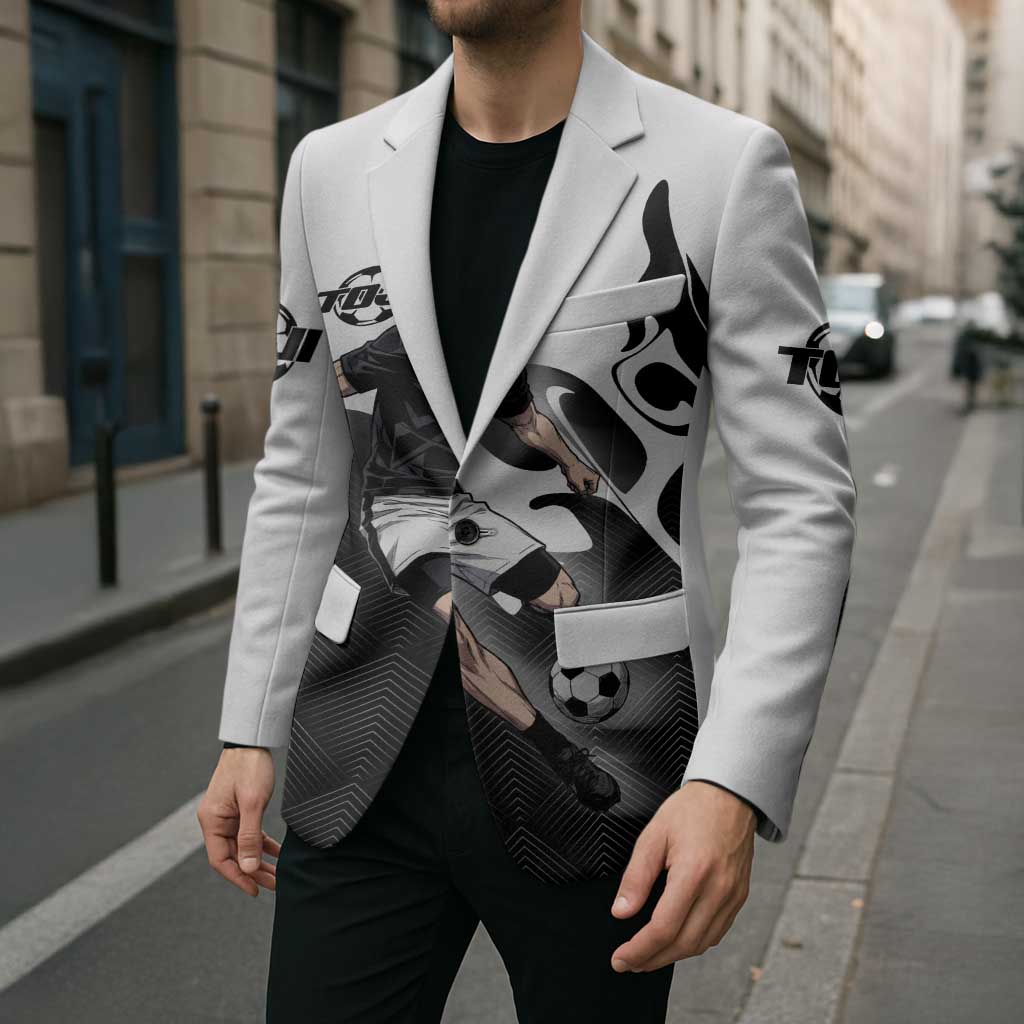 Personalized Toji Fushiguro Jujutsu Kaisen Soccer Theme Blazer with Dribbling Pose and Monochrome Black White Flame Graphic Design - The Mazicc
