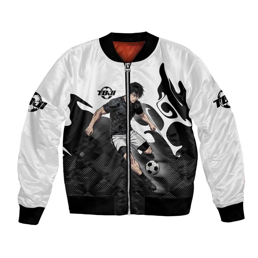 Personalized Toji Fushiguro Jujutsu Kaisen Soccer Theme Bomber Jacket with Dribbling Pose and Monochrome Black White Flame Graphic Design - The Mazicc