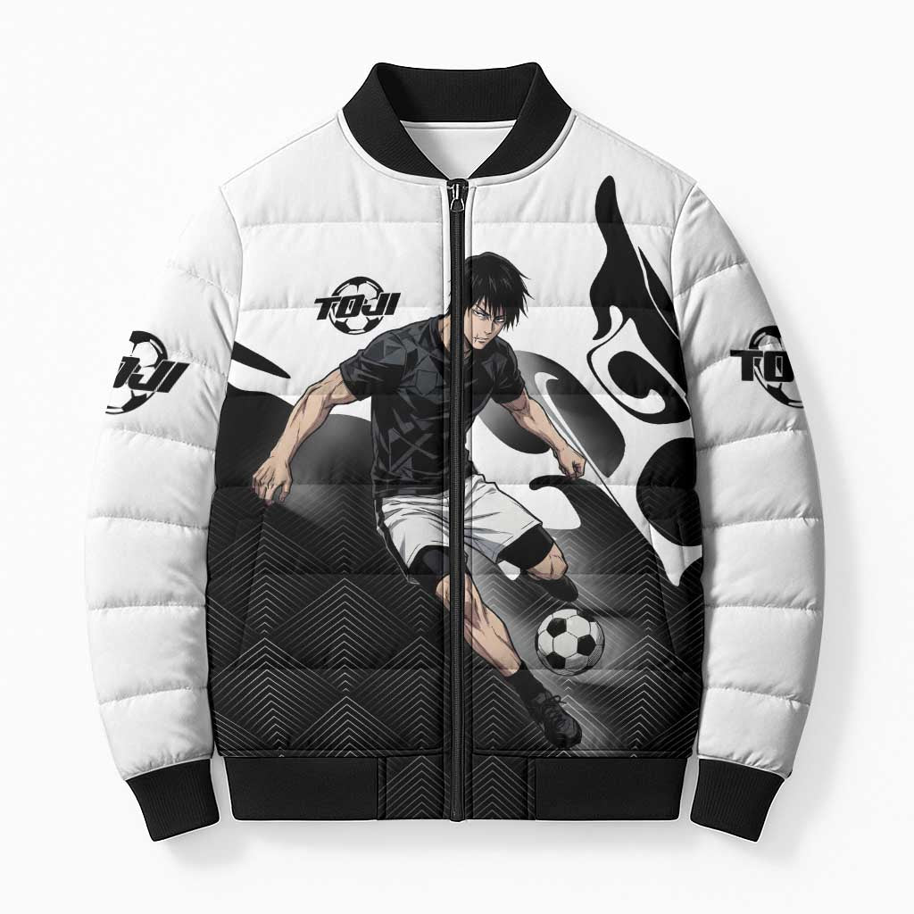 Personalized Toji Fushiguro Jujutsu Kaisen Soccer Theme Bomber Puffer Jacket with Dribbling Pose and Monochrome Black White Flame Graphic Design - The Mazicc
