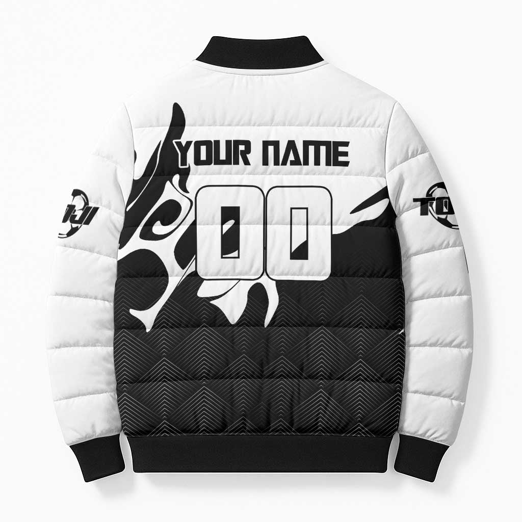 Personalized Toji Fushiguro Jujutsu Kaisen Soccer Theme Bomber Puffer Jacket with Dribbling Pose and Monochrome Black White Flame Graphic Design - The Mazicc