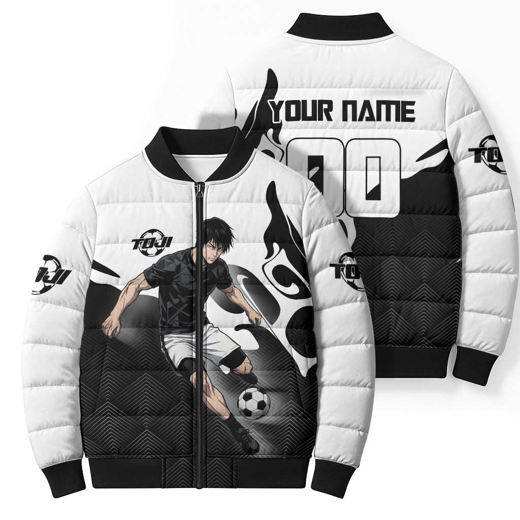 Personalized Toji Fushiguro Jujutsu Kaisen Soccer Theme Bomber Puffer Jacket with Dribbling Pose and Monochrome Black White Flame Graphic Design - The Mazicc