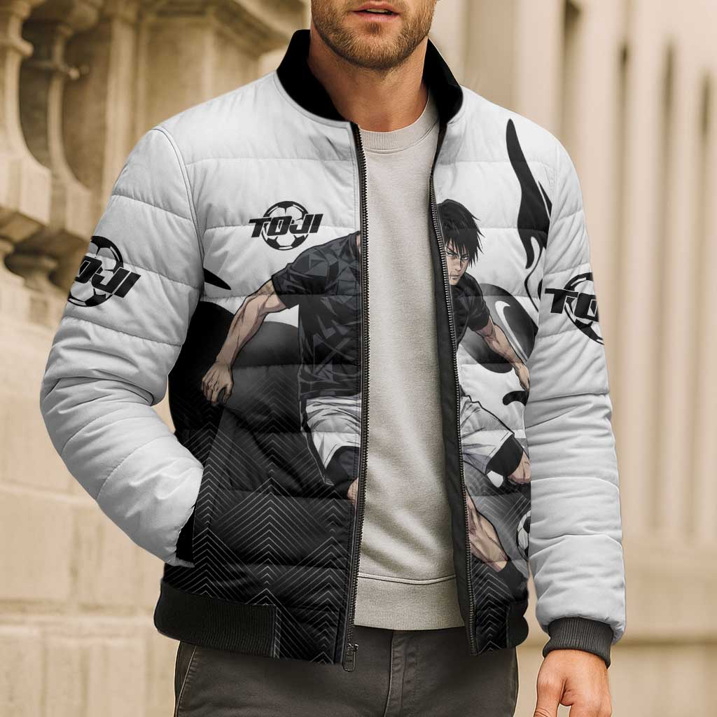 Personalized Toji Fushiguro Jujutsu Kaisen Soccer Theme Bomber Puffer Jacket with Dribbling Pose and Monochrome Black White Flame Graphic Design - The Mazicc