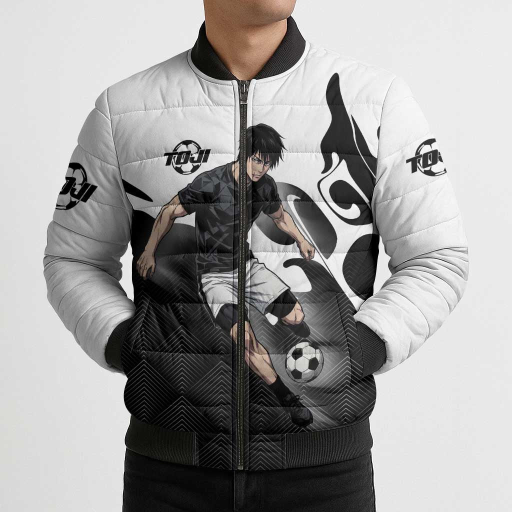 Personalized Toji Fushiguro Jujutsu Kaisen Soccer Theme Bomber Puffer Jacket with Dribbling Pose and Monochrome Black White Flame Graphic Design - The Mazicc