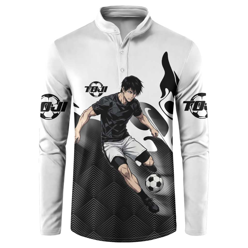 Personalized Toji Fushiguro Jujutsu Kaisen Soccer Theme Button Sweatshirt with Dribbling Pose and Monochrome Black White Flame Graphic Design - The Mazicc