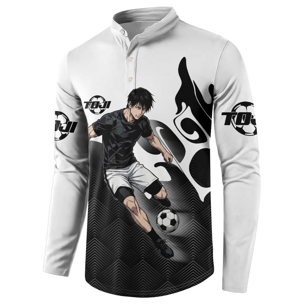 Personalized Toji Fushiguro Jujutsu Kaisen Soccer Theme Button Sweatshirt with Dribbling Pose and Monochrome Black White Flame Graphic Design - The Mazicc