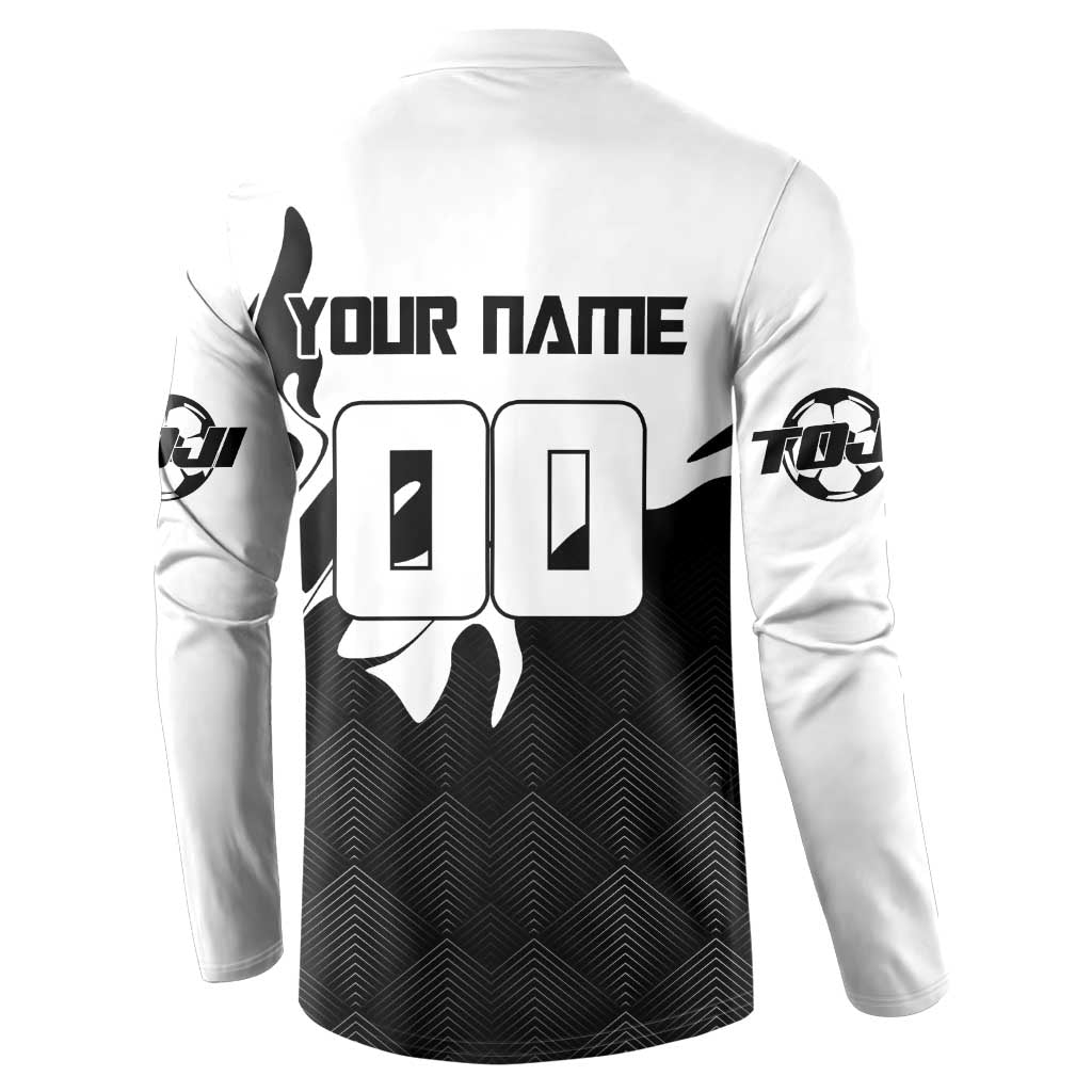Personalized Toji Fushiguro Jujutsu Kaisen Soccer Theme Button Sweatshirt with Dribbling Pose and Monochrome Black White Flame Graphic Design - The Mazicc
