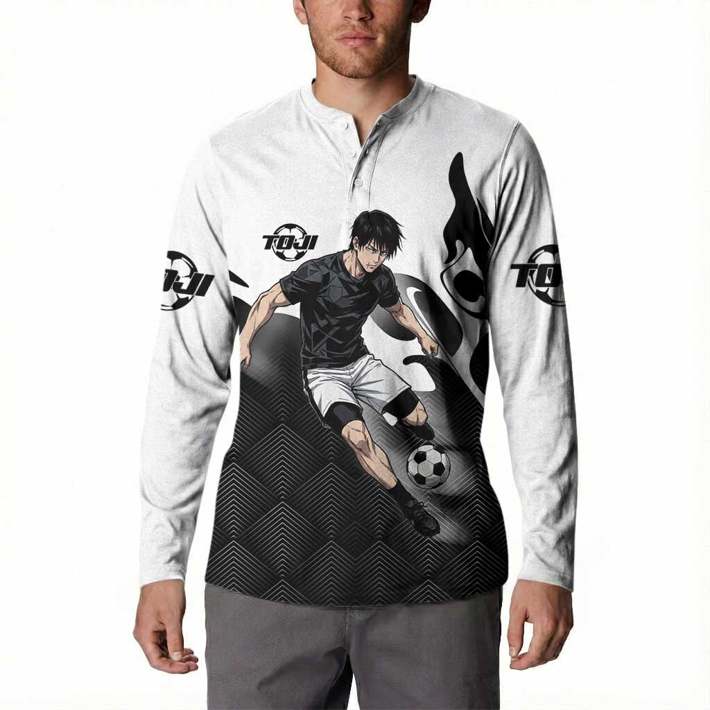Personalized Toji Fushiguro Jujutsu Kaisen Soccer Theme Button Sweatshirt with Dribbling Pose and Monochrome Black White Flame Graphic Design - The Mazicc
