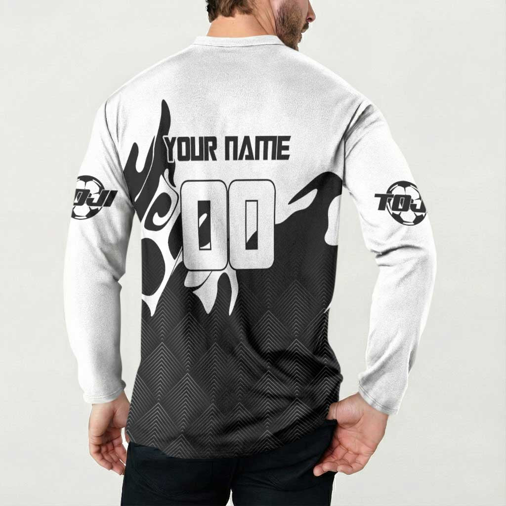Personalized Toji Fushiguro Jujutsu Kaisen Soccer Theme Button Sweatshirt with Dribbling Pose and Monochrome Black White Flame Graphic Design - The Mazicc