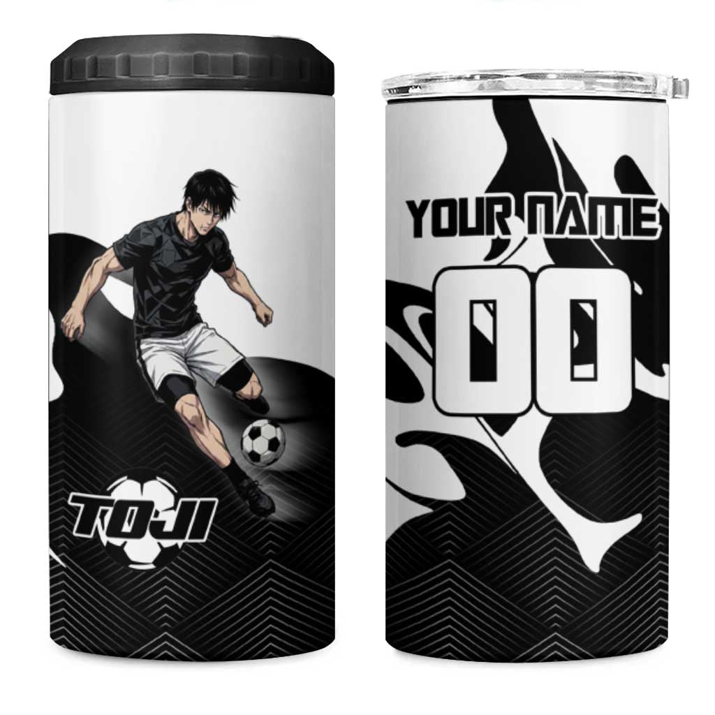 Personalized Toji Fushiguro Jujutsu Kaisen Soccer Theme 4 in 1 Can Cooler Tumbler with Dribbling Pose and Monochrome Black White Flame Graphic Design - The Mazicc