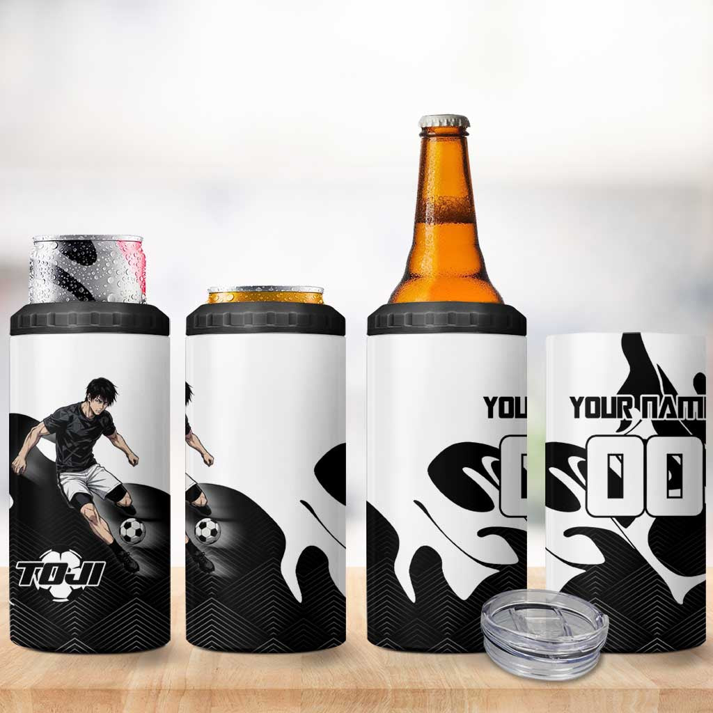 Personalized Toji Fushiguro Jujutsu Kaisen Soccer Theme 4 in 1 Can Cooler Tumbler with Dribbling Pose and Monochrome Black White Flame Graphic Design - The Mazicc