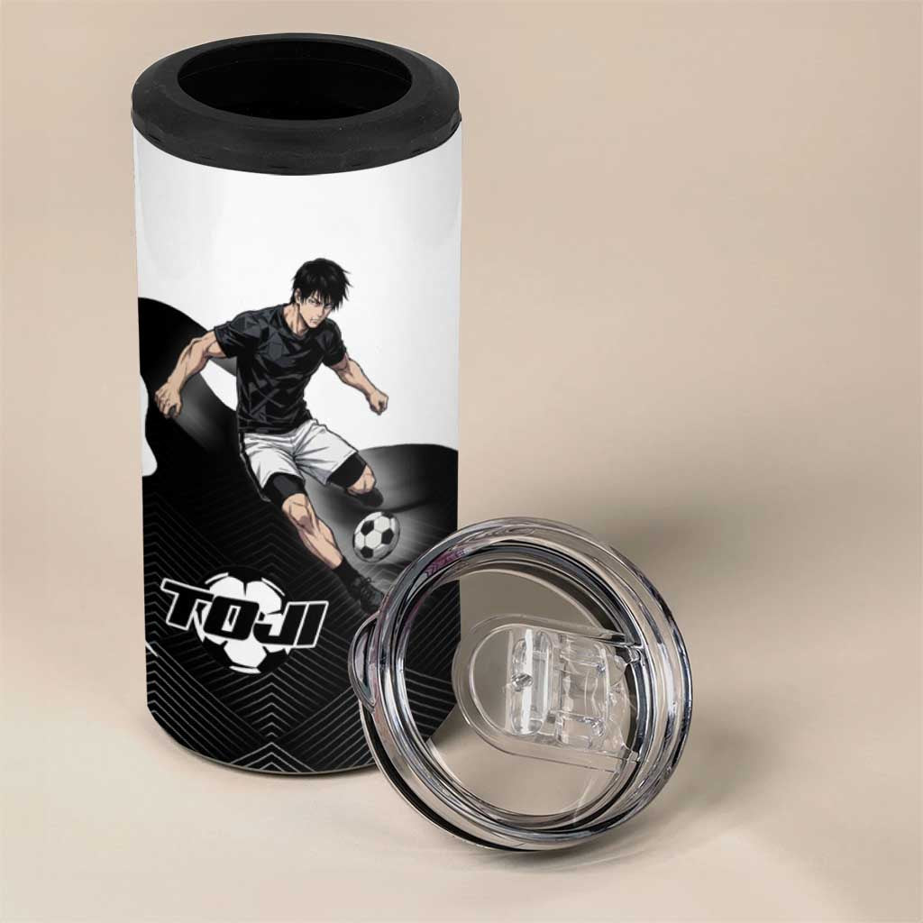 Personalized Toji Fushiguro Jujutsu Kaisen Soccer Theme 4 in 1 Can Cooler Tumbler with Dribbling Pose and Monochrome Black White Flame Graphic Design - The Mazicc