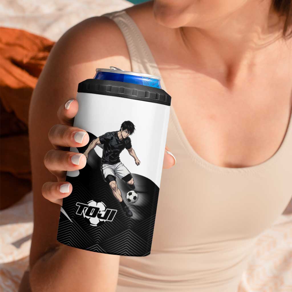 Personalized Toji Fushiguro Jujutsu Kaisen Soccer Theme 4 in 1 Can Cooler Tumbler with Dribbling Pose and Monochrome Black White Flame Graphic Design - The Mazicc