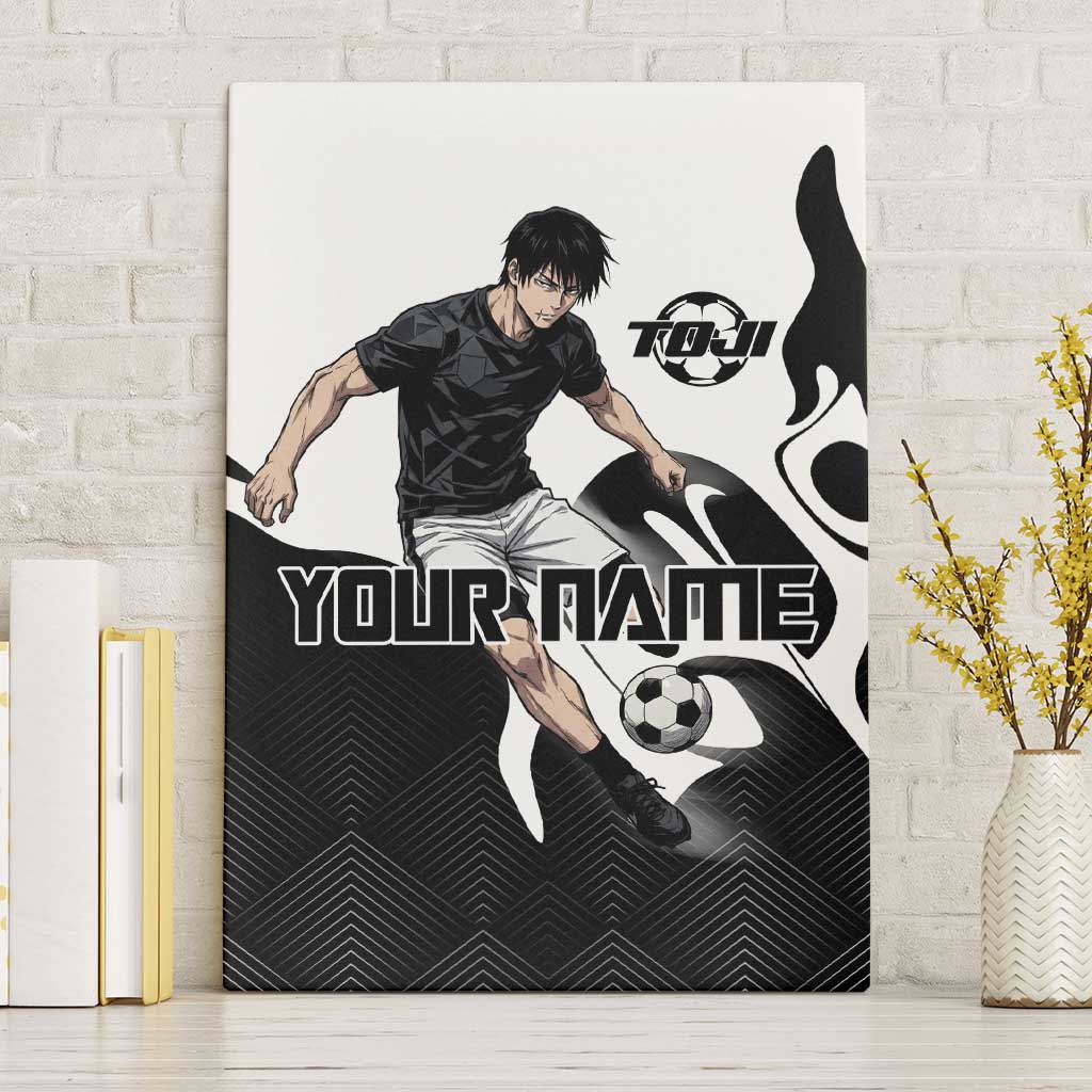 Personalized Toji Fushiguro Jujutsu Kaisen Soccer Theme Canvas Wall Art with Dribbling Pose and Monochrome Black White Flame Graphic Design - The Mazicc