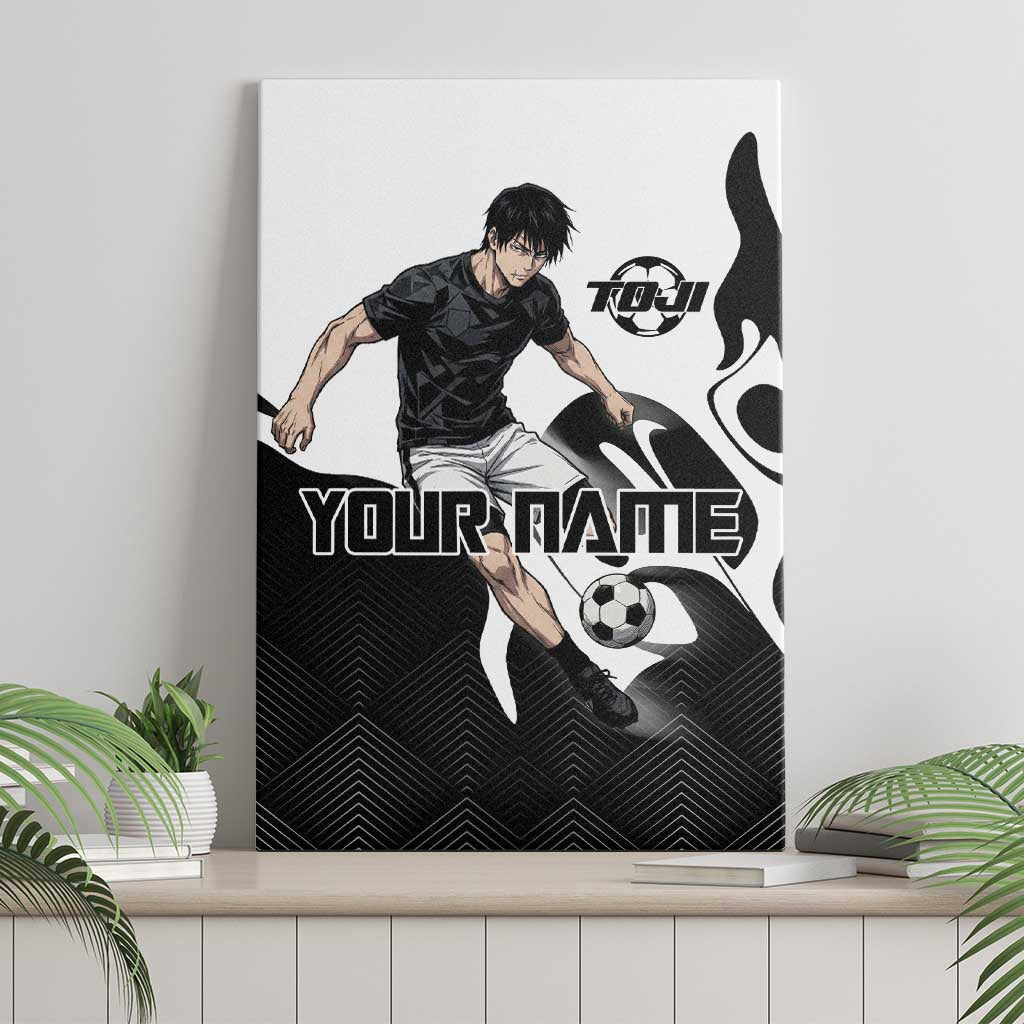 Personalized Toji Fushiguro Jujutsu Kaisen Soccer Theme Canvas Wall Art with Dribbling Pose and Monochrome Black White Flame Graphic Design - The Mazicc