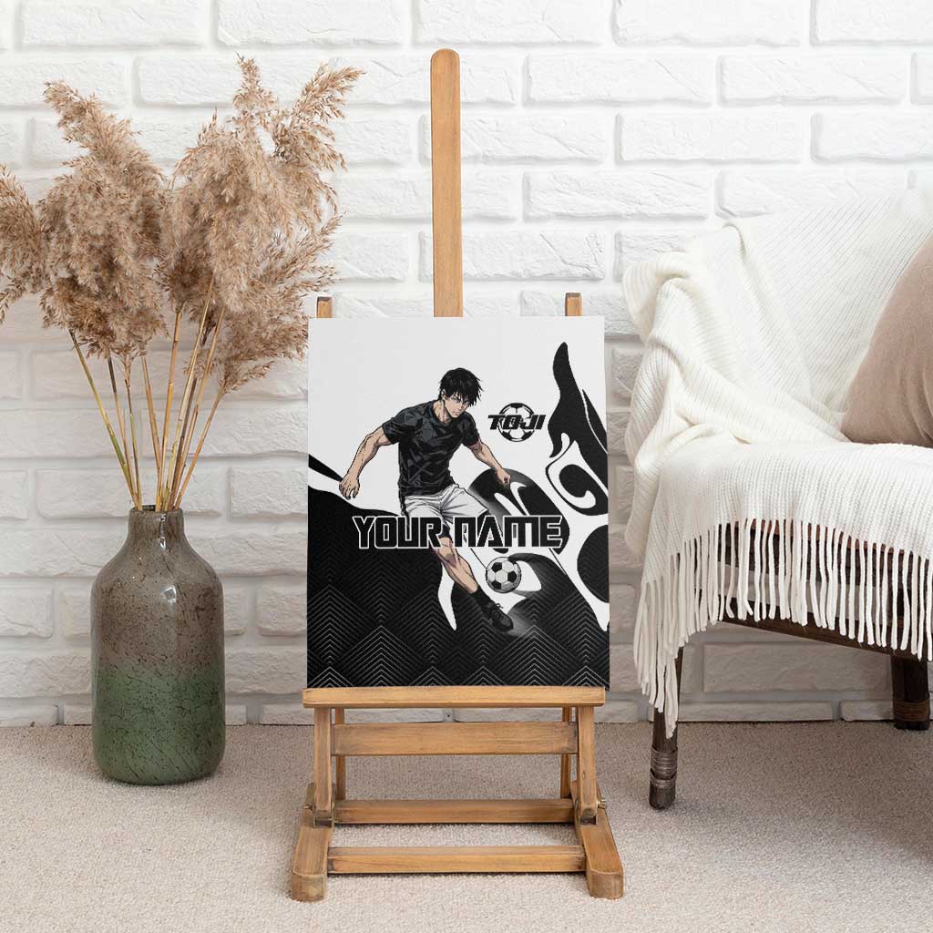 Personalized Toji Fushiguro Jujutsu Kaisen Soccer Theme Canvas Wall Art with Dribbling Pose and Monochrome Black White Flame Graphic Design - The Mazicc