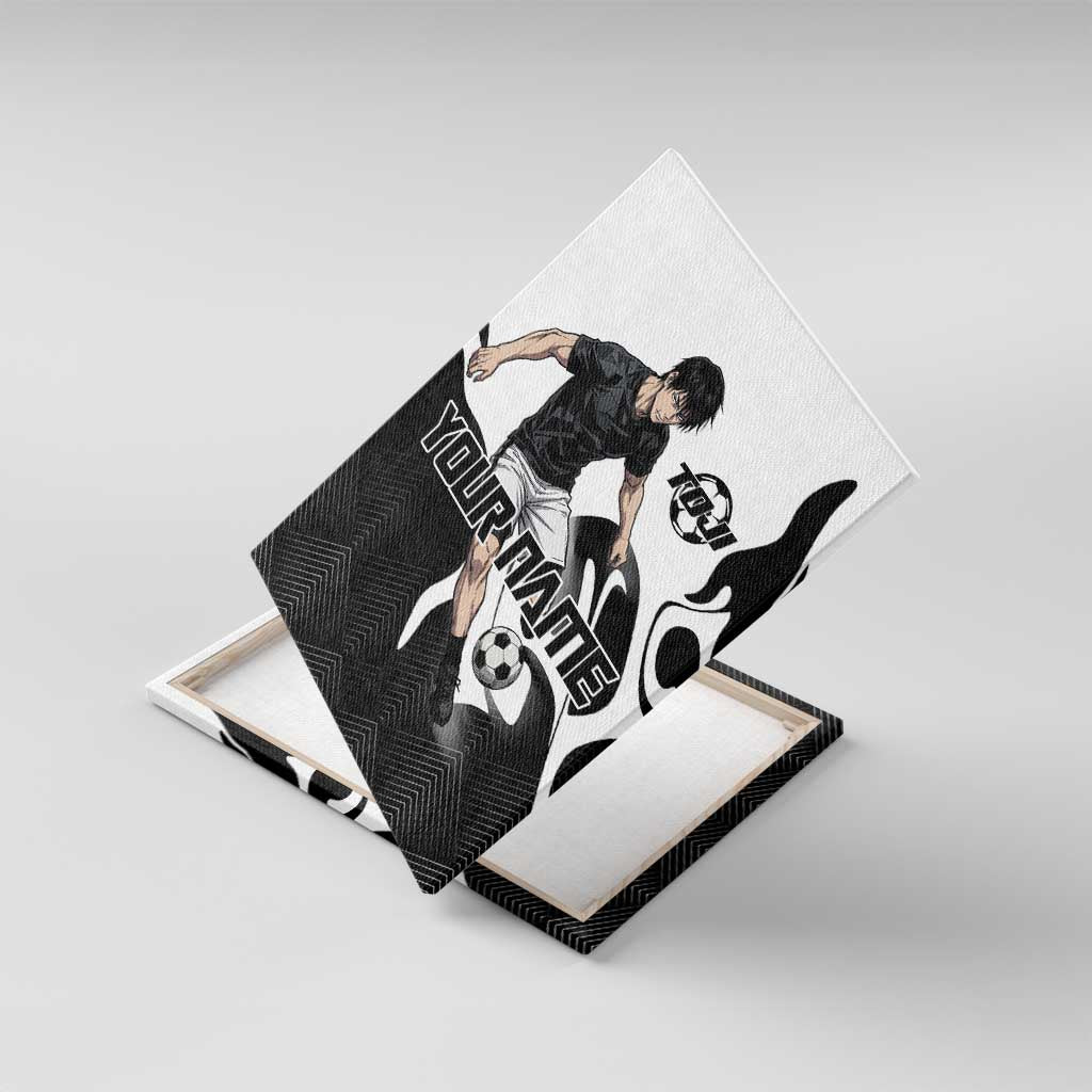 Personalized Toji Fushiguro Jujutsu Kaisen Soccer Theme Canvas Wall Art with Dribbling Pose and Monochrome Black White Flame Graphic Design - The Mazicc