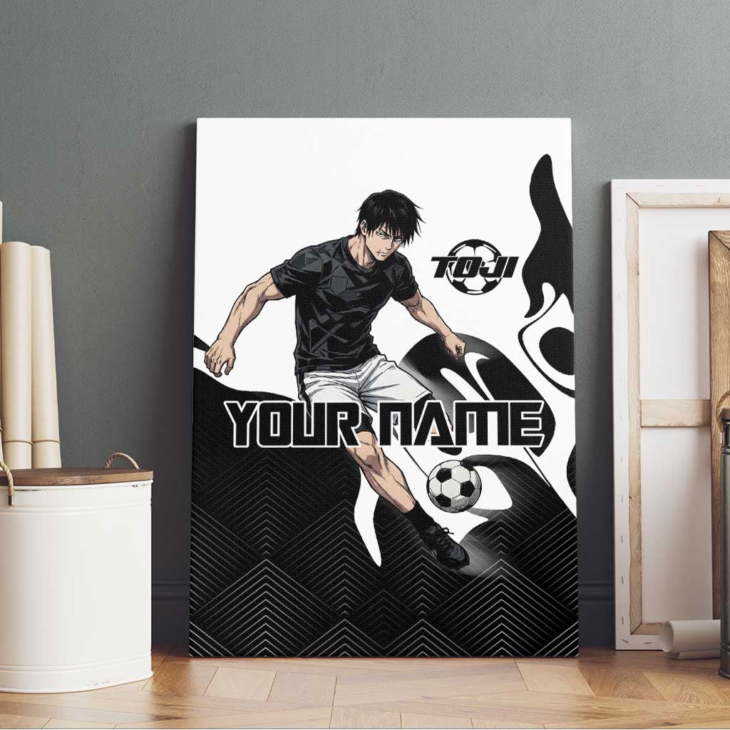 Personalized Toji Fushiguro Jujutsu Kaisen Soccer Theme Canvas Wall Art with Dribbling Pose and Monochrome Black White Flame Graphic Design - The Mazicc