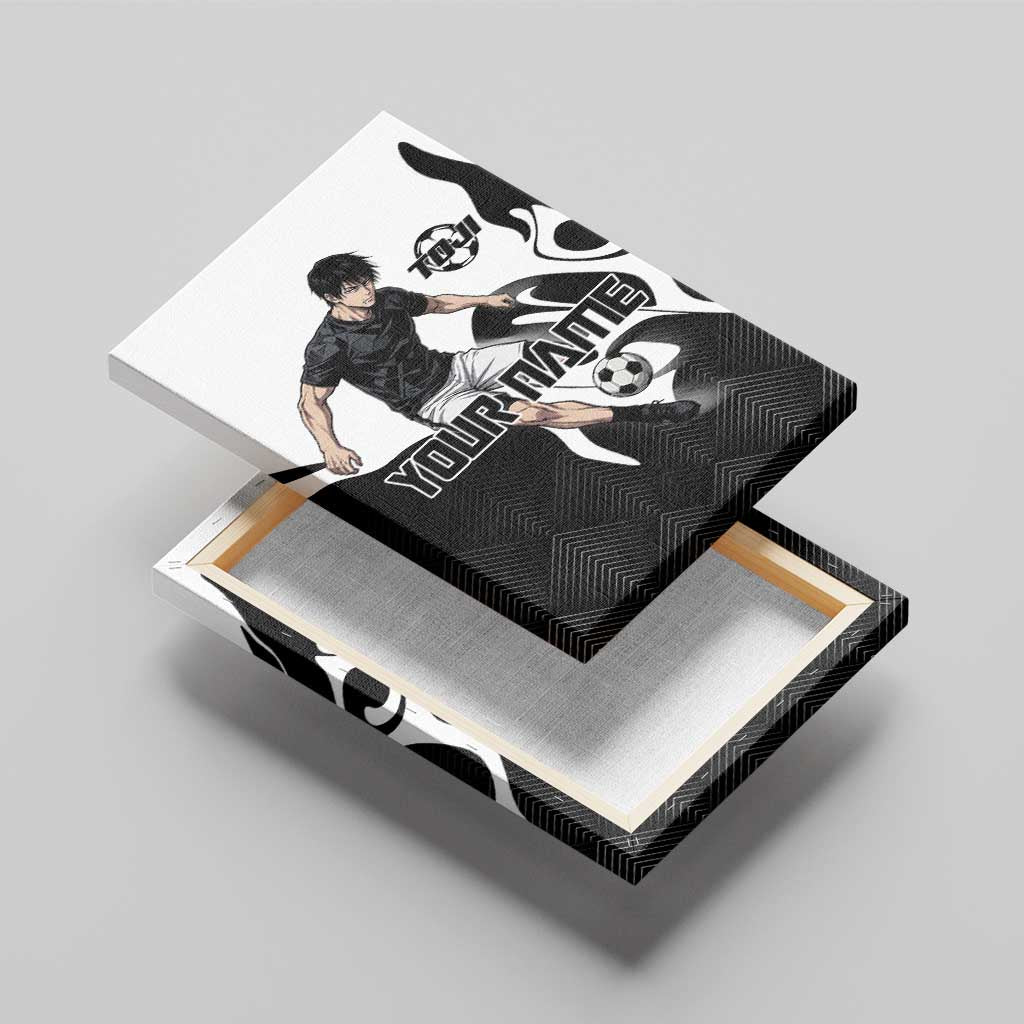 Personalized Toji Fushiguro Jujutsu Kaisen Soccer Theme Canvas Wall Art with Dribbling Pose and Monochrome Black White Flame Graphic Design - The Mazicc
