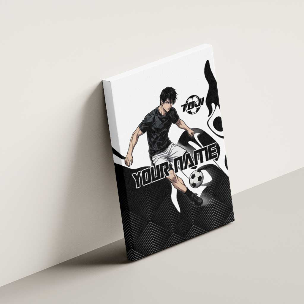 Personalized Toji Fushiguro Jujutsu Kaisen Soccer Theme Canvas Wall Art with Dribbling Pose and Monochrome Black White Flame Graphic Design - The Mazicc