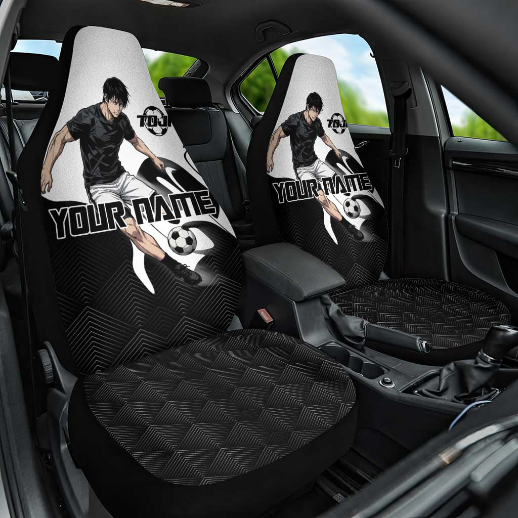 Personalized Toji Fushiguro Jujutsu Kaisen Soccer Theme Car Seat Cover with Dribbling Pose and Monochrome Black White Flame Graphic Design - The Mazicc