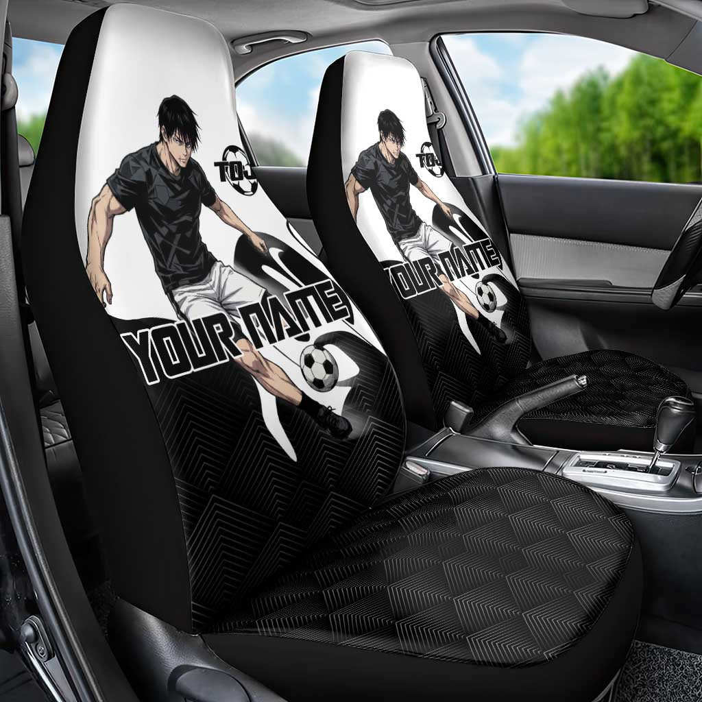 Personalized Toji Fushiguro Jujutsu Kaisen Soccer Theme Car Seat Cover with Dribbling Pose and Monochrome Black White Flame Graphic Design - The Mazicc