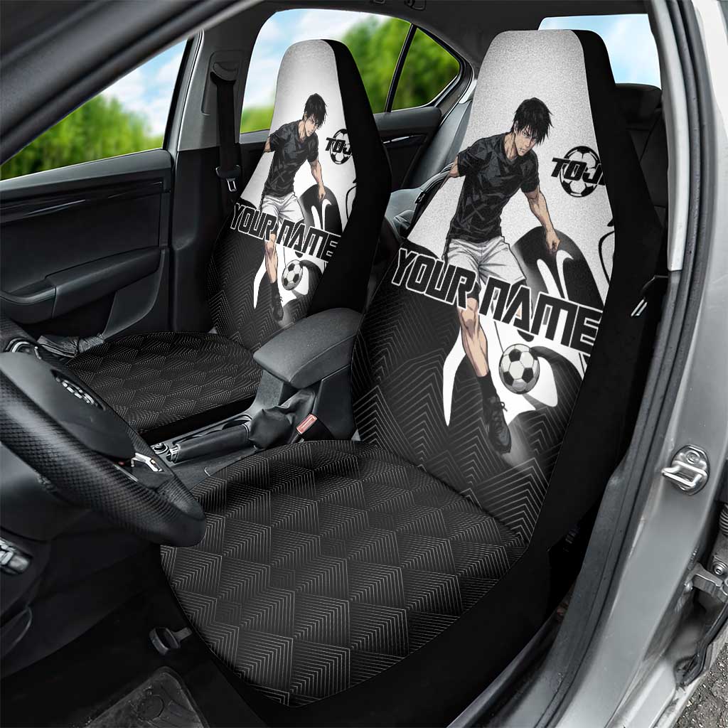 Personalized Toji Fushiguro Jujutsu Kaisen Soccer Theme Car Seat Cover with Dribbling Pose and Monochrome Black White Flame Graphic Design - The Mazicc