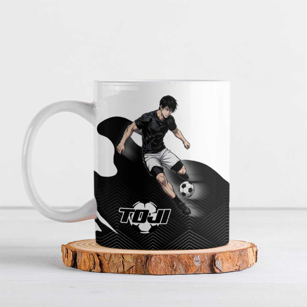Personalized Toji Fushiguro Jujutsu Kaisen Soccer Theme Ceramic Mug with Dribbling Pose and Monochrome Black White Flame Graphic Design - The Mazicc