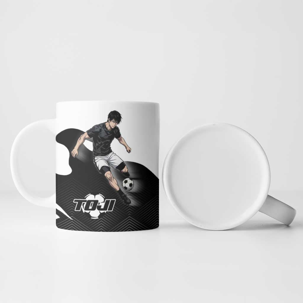 Personalized Toji Fushiguro Jujutsu Kaisen Soccer Theme Ceramic Mug with Dribbling Pose and Monochrome Black White Flame Graphic Design - The Mazicc