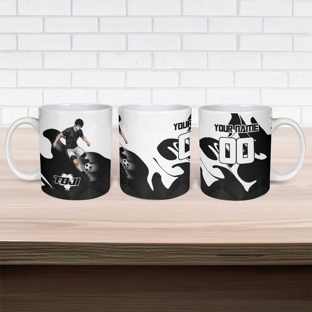 Personalized Toji Fushiguro Jujutsu Kaisen Soccer Theme Ceramic Mug with Dribbling Pose and Monochrome Black White Flame Graphic Design - The Mazicc