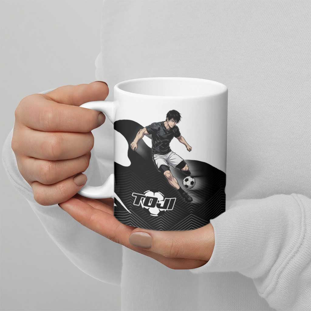 Personalized Toji Fushiguro Jujutsu Kaisen Soccer Theme Ceramic Mug with Dribbling Pose and Monochrome Black White Flame Graphic Design - The Mazicc