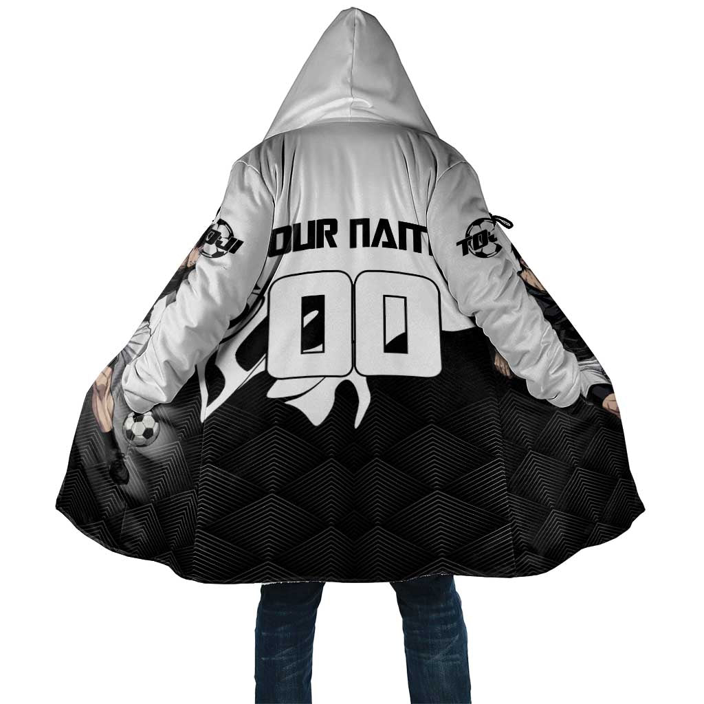 Personalized Toji Fushiguro Jujutsu Kaisen Soccer Theme Cloak with Dribbling Pose and Monochrome Black White Flame Graphic Design - The Mazicc